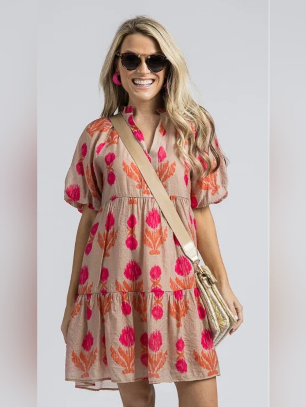 THML Nelly Rose Print Tiered Dress, a stylish mini dress Size Large